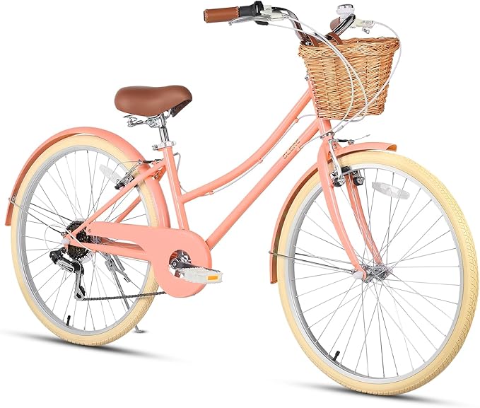 Glerc 20 24 26 Inch Beach Cruiser Bike, 6-Speed Hybrid City Bicycle for Girls Youth and Over 6 Years Old, Missy Bike with Wicker Basket & Lightweight, Multiple Colors