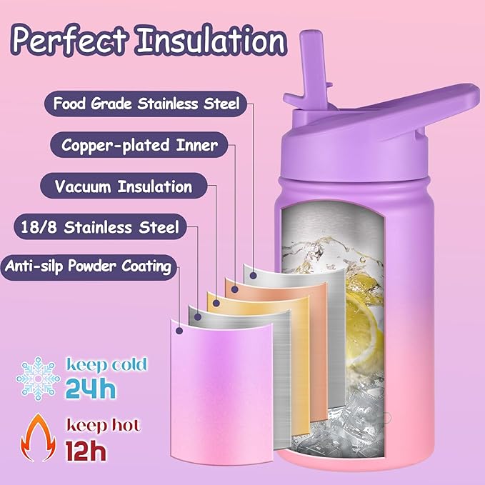 Mininoo Insulated Kids Water Bottle, 12 oz Stainless Steel Water Bottle Kids with Straw Lid and Chug Lid for Girls, Boys (Purple/Pink)