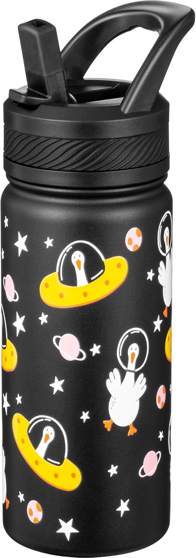 Fanhaw 18 Oz Kids Insulated Water Bottle with Straw - Stainless Steel Double Wall Vacuum Cup, Leakproof, BPA Free, Suitable for Boys and Girls(Black - Duck in Space)