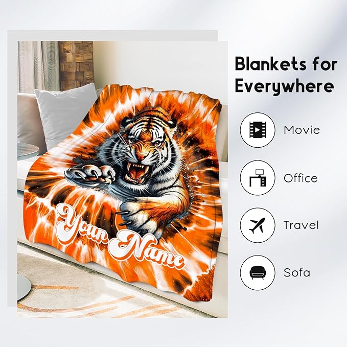 UNIKITTY Personalized Kids Blanket, Tiger Blanket Gifts for Girls Boys, Custom Gifts with Name, Fleece Throws with Tie Dye Print for Room Decor (4 Sizes)