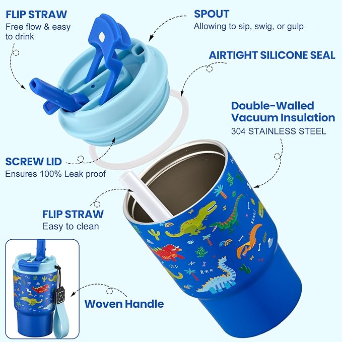 Bento Lunch Box for Kids with 17oz Soup Thermo,Insulated Tumbler Water Bottle and Insulated Lunch Bag,Leak-Proof 3 Compartment Lunch Food Container with Ice Pack for Kids to School-Dinosaur