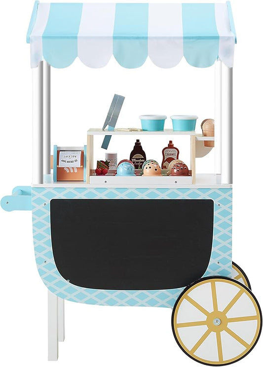 Teamson Kids My Little Helper Ice Cream Cart with Pretend Money, Colorful Magnetic Ice Cream Scoops and Chalkboard Panel, Blue/White