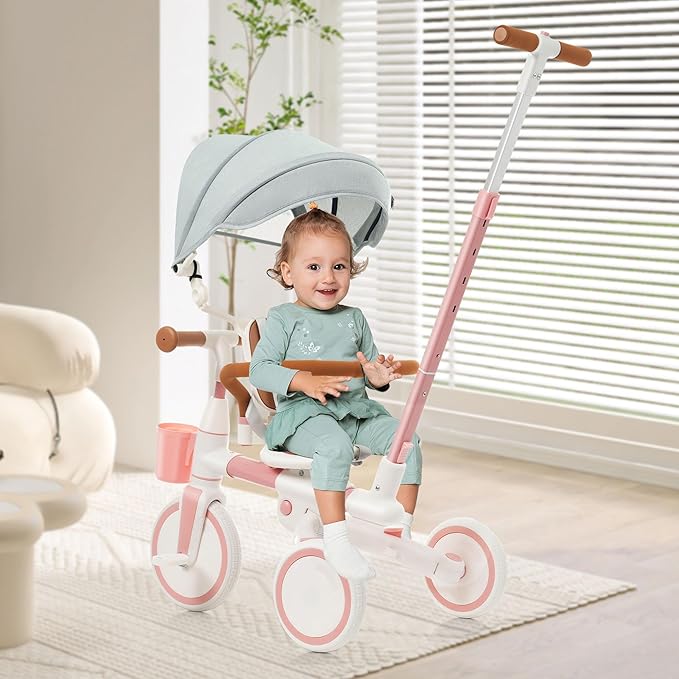 Foldable Kids Tricycle with Adjustable Pedals, Removable Canopy Cup Holder Safe, Portable Toddler Bike
