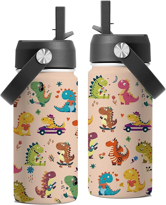 Dinosaurs Gifts for Kids Boys, 16 oz Water Bottle with Straw Lid, Stainless Steel Insulated Tumbler, Cute Water Bottles, Funny Dinosaurs Cups Gifts for Birthday Christmas