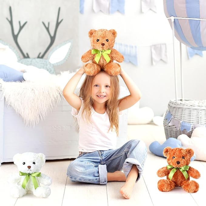Hungdao 24 Pcs Bear Bulk Plush Stuffed Animals 10 Inch Cute Soft Stuffed Bear with Green Bow for Baby Shower Birthday Party Gift (Dark Brown, Light Brown, White)