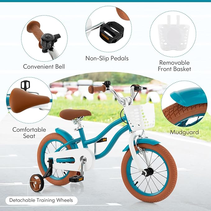 COSTWAY Kids Bike, 12 14 16 18 Inch Toddler Bike Children Bicycle w/Training Wheels, Hand & Coaster Brakes, Adjustable Saddle & Handlebar, Basket, Bell, Kids Bicycle for Girls Boys Aged 3-8 Years Old