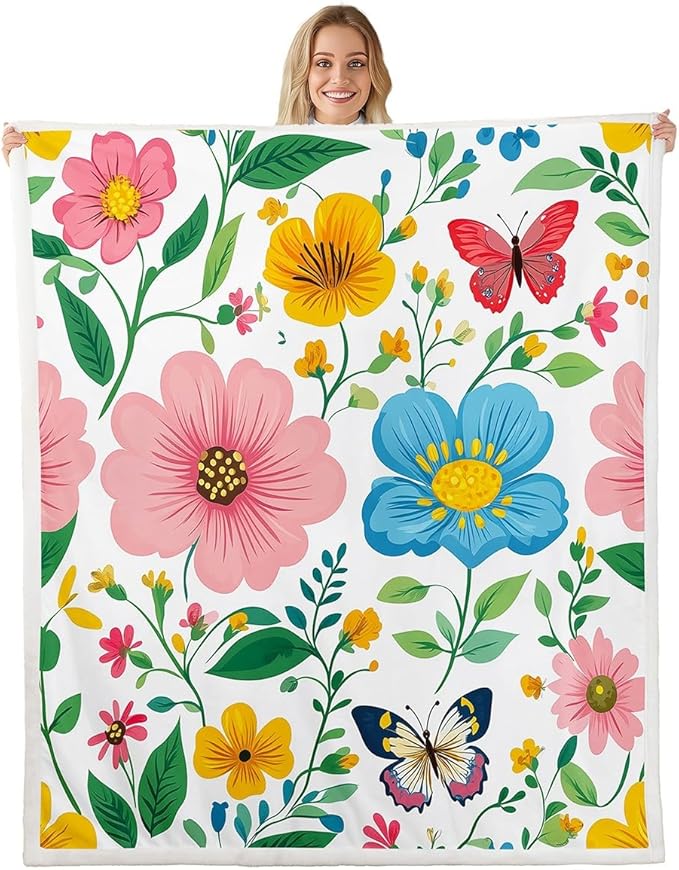 Colorful Flowers Fleece Throw Blanket Botanical Floral Printed Plush Blanket for Sofa Couch Bed Butterflies Dragonflies Bees Sherpa Blanket s Animal Fuzzy Blanket Room Decor King 87x95 Inch