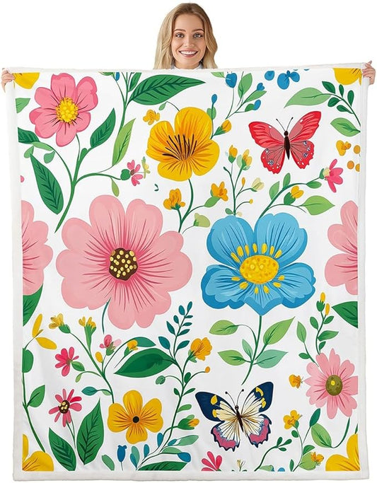 Colorful Botanical Floral Printed Plush Fleece Throw Blanket for Sofa Couch Bed - Butterflies Dragonflies Bees Sherpa Animal Fuzzy Blanket - Room Decor Baby 30x40 Inch