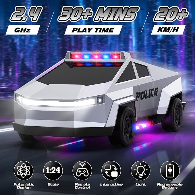 1:24 RC Cars Toys, 2.4GHz All Terrain Remote Control Police Car for Boys 4-7 8-12 with Light, Electric Pickup Truck Christmas Birthday Gifts Toys for Boys Girls