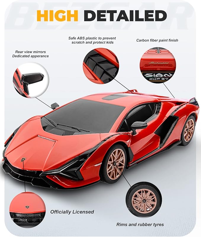 BEZGAR Remote Control Cars - 1:24 Scale Officially Licensed RC Series Lambo Sián FKP 37, Electric Sport Racing Hobby Toy Car Model Vehicle for Boys and Girls Teens and Adults Gift (Red)