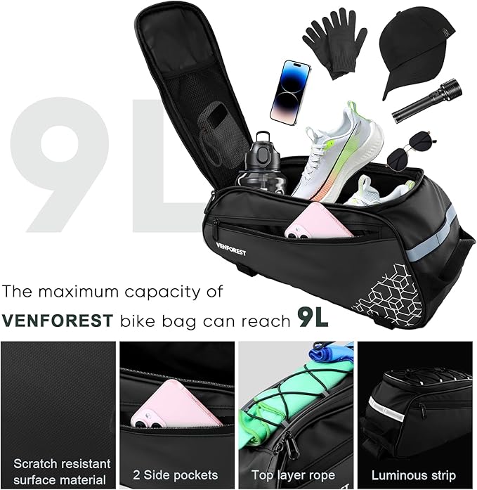 Bike Rear Rack Bag,9L PVC Waterproof Bike Trunk Bag for Road and Mountain Bikes,Bicycle Rear Seat Bag with Rain Cover Bike Saddle Bag for Cycling Trip (Pure Black)