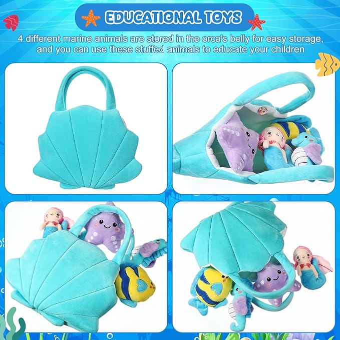 Syhood 5 Pieces Ocean Stuffed Animals Plush Set Include 1 Shell Carrying Bag Toy Set with Small Mermaid Seahorse Starfish Fish Sensory Toy for Boys and Girls Huggable Sleeping Holiday Birthday Gifts