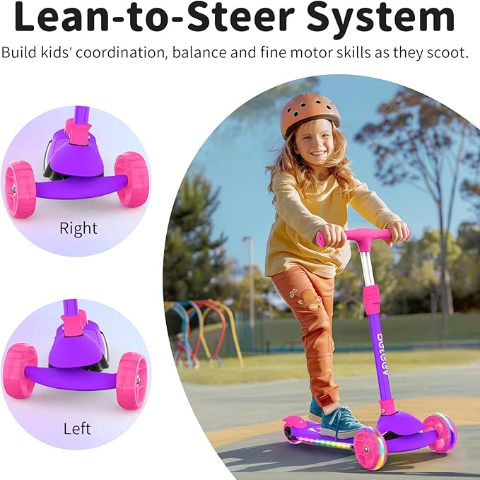 BELEEV A9 Kids Scooter with LED Light-Up Wheels & Deck, 3 Wheel Folding Scooter for Toddlers Girls Boys Ages 3-12, Adjustable Handlebar, Lean to Steer, Extra-Wide Wheels, Kick Scooter for Children