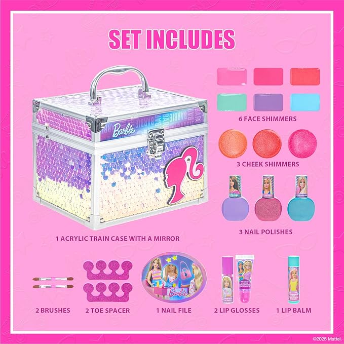 Barbie Train Case Beauty Set, Kids Makeup Kit for Girls, Real Washable Makeup Set, Play Makeup, Party Favor, Birthday, Ages 3 4 5 6 7 8 9 10 11 12 by Townley Girl