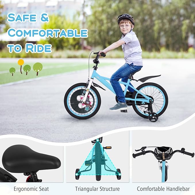BABY JOY Rabbit Pilot Sporty Kids Bike, 12 14 16 18 Inch Child Bike for 3-8 Years Old with Adjustable Height, Training Wheels, Storage Basket, Handbrake & Coaster Brake, Kids Bicycle for Girls Boys