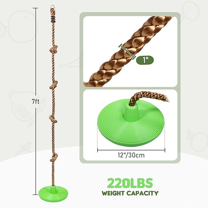 REDCAMP 2 Pack Climbing Rope Swings for Trees, Heavy Duty Plastic Disc Swing Seat for Kids and Adults with Hanging Strap, Green