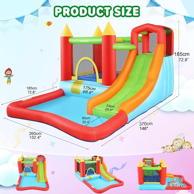 Inflatable Bounce House, Kids Bouncy House Slide with Blower, Long Slide, Fun Pool/Ball Pit, Climbing Wall, Basketball Rim, Outdoor Backyard Jumping Castle Bounce House for Kids 3-10 Years