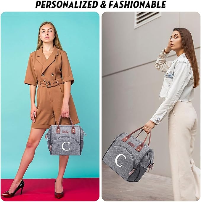 Personalized Lunch Box for Women, Initial Reusable Insulated Lunch Bag, Wide-Open Adult Lunchbox Cooler Lunchbag, Leakproof Lunch Tote for Picnic Work Outdoors, Christmas Gift for Women, Grey - J