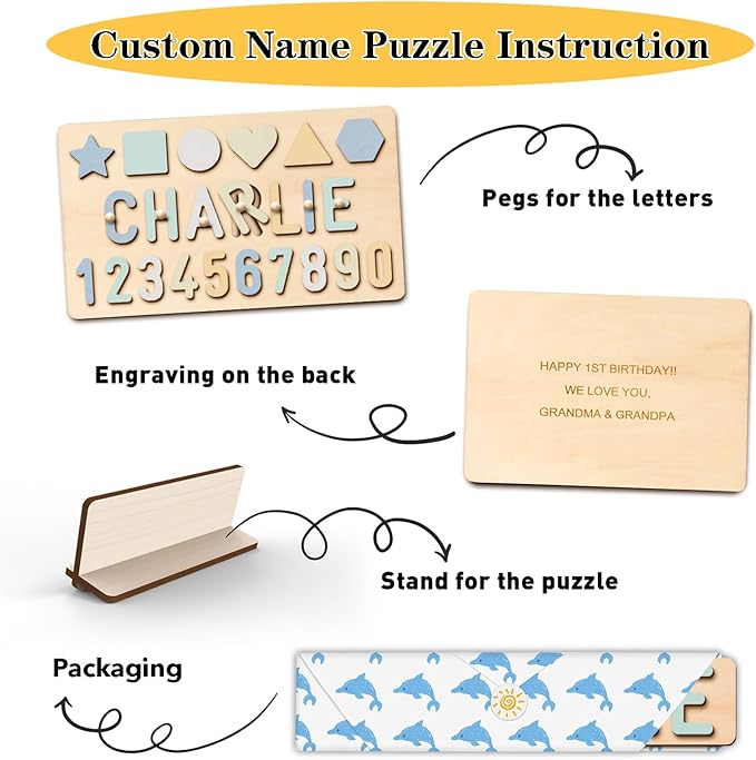 Name Puzzle for Kids Personalized Baby Gifts Wooden Toys Puzzles for Toddlers 1-3 Shapes Number Puzzle Educational Learning Toys Customized for Boys Girls First Birthday