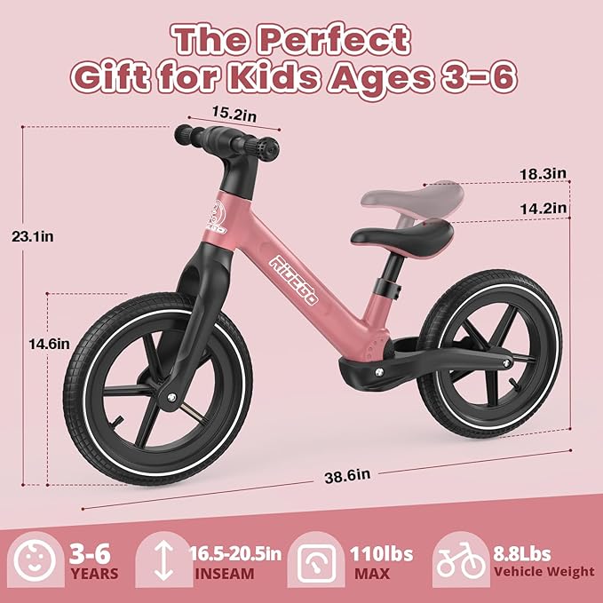 Ridego 14 Inch Balance Bike for Kids 3–6 Years, Lightweight Toddler Bike with Air Rubber Tires, Adjustable Seat, Durable Push Bicycle Gift for Boys & Girls