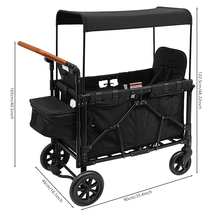 2-Seat Stroller Wagon with 5-Point Harnesses, Collapsible Wagon Stroller for 2 Kids with Adjustable Push Handle & Sun Canopy, Kids Wagon Cart for Children Aged 0-6 Years
