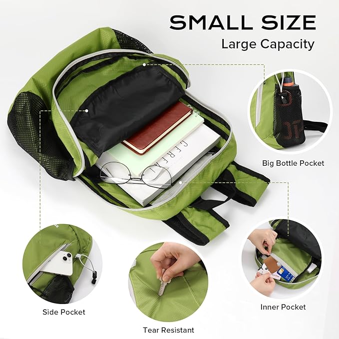 15L Water-resistant Hiking Daypack, Small Backpack Travel Outdoor, Lightweight Day Pack with Tool Loops