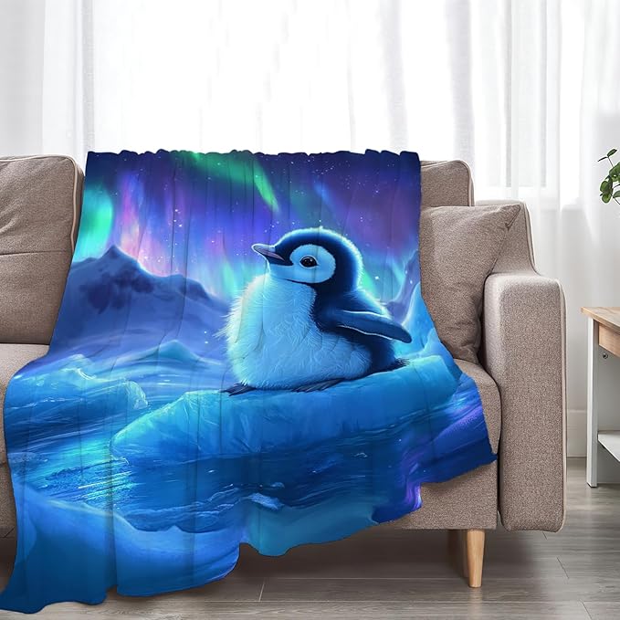 Cute Penguin Blanket Aurora Starry Night Animal Throw Blankets Gifts for Girls Boys Kids Penguin Lover Soft Cozy Fleece Plush for Couch Sofa Bed 50"x40"