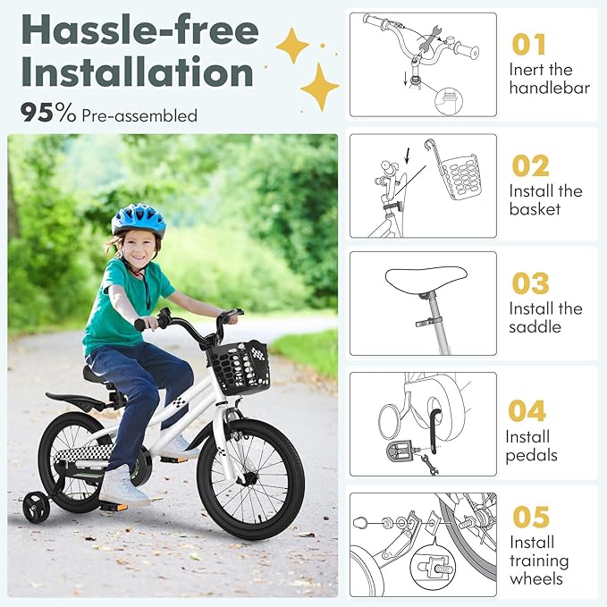 COSTWAY Kids Bike, 12 14 16 18 Inch Toddler Bike for Boys & Girls Aged 3-8 Years Old, Kids Bicycle w/Removable Training Wheels, Handbrake & Coaster Brake, Basket, Bell