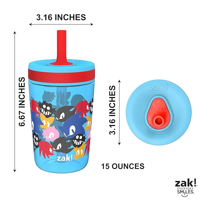 Zak Designs Sonic the Hedgehog Kelso Toddler Cups For Travel or At Home, 15oz 2-Pack Durable Plastic Sippy Cups With Leak-Proof Design is Perfect For Kids (Sonic)