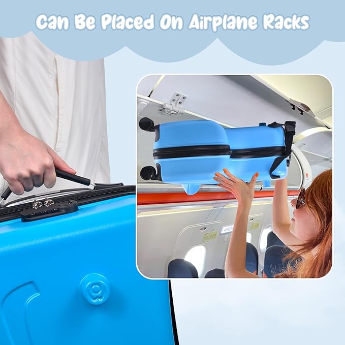 20 Inch Ride On Kids Suitcase with Wheels, Ride On Luggage with Pedal, Hardshell Kids Suitcase Adjustable Safe Harness, ABS+PC, Up To 100 Lbs, Blue