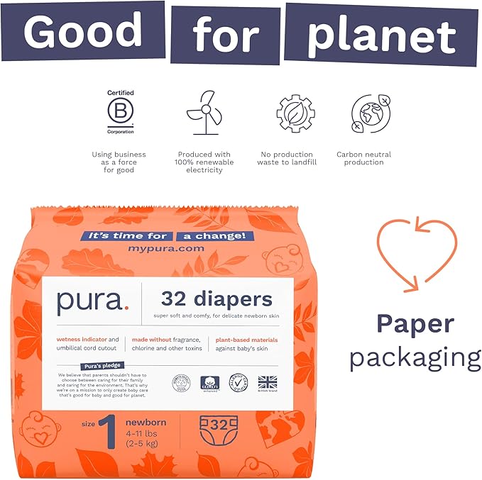 Pura Hypoallergenic Diapers, Size 1 (4-11 lbs), Monthly Pack, Totally Chlorine Free, Wetness Indicator, Suitable for Sensitive Skin, Soft Cotton Comfort, Overnight, 6 Packs of 32 (192 Baby Diapers)