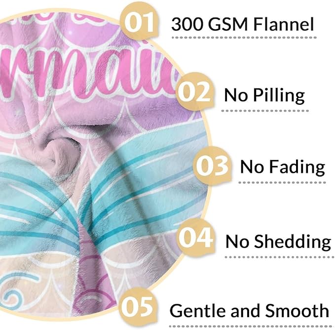 Personalized Mermaid Tail Blanket with Name - Soft, Fuzzy & Warm - 60"x80" Twin Size Blanket for Bed, Couch & Living Room - Colorful Cute Throw Gifts for Girls