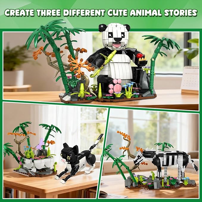 3 in 1 Wild Animals Panda Building Set - Animal Figures with 3 Building Options Panda Cat Zebra, 724 PCS Building Block Toy Home Office Decor Birthday for Kids Boys Girls 9-12+