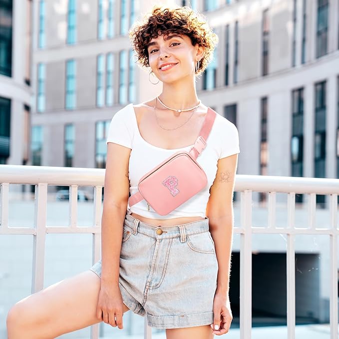 Personalized Belt Bag for Girls Teen Girl,Fashion Waist Packs with Adjustable Strap, Fanny Pack Crossbody Bag w/Initial Letter Patch, Teen Birthday Gifts for Sister Teenager Tween Preteen (Peach, P)