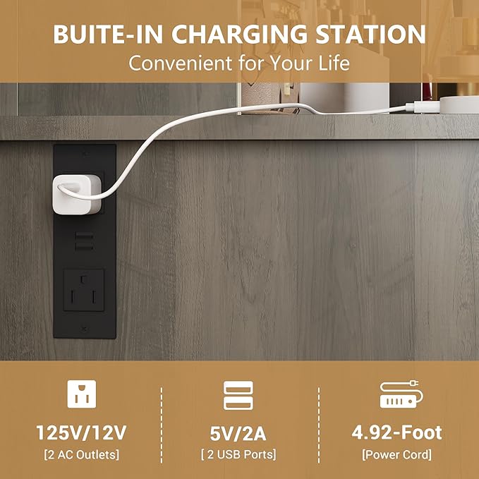 Vanity Desk with Mirror and Lights,Grey Makeup Vanity with Charging Station & Stool, 3 Drawers and Cabinets, Farmhouse Vanity Mirror with RGB LED Lights Makeup Desk and Chair for Women