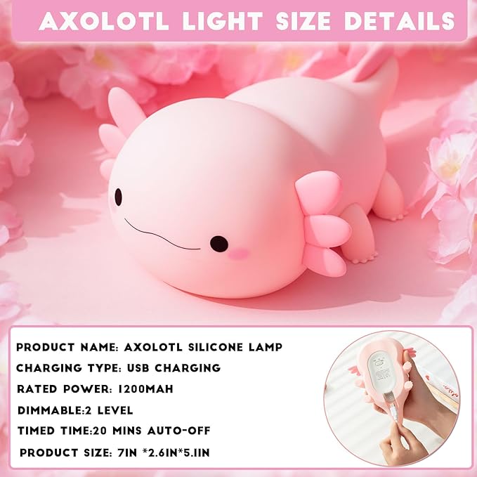 HAPPYBAG Axolotl Night Light,Cute Axolotl lamp Gifts for Kids,Dimmable Silicone Animal Nursery Night Light,Kawaii Rechargeable Bedside Touch Lamp,Room Decor Axolotl Light