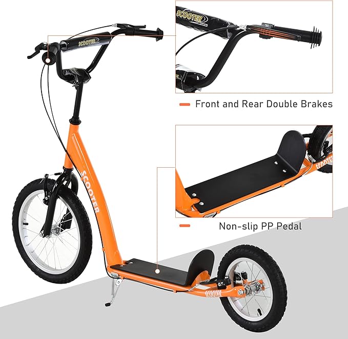 Aosom Youth Scooter Kick Scooter for Kids 5+ with Adjustable Handlebar 16" Front and 12" Rear Dual Brakes Inflatable Wheels