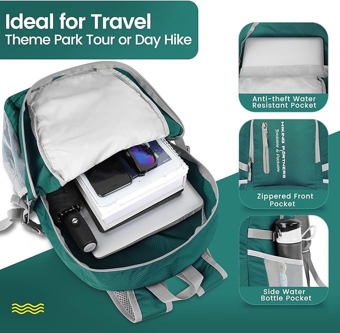 ZOMAKE Lightweight Packable Backpack, 35L Light Foldable Hiking Backpacks Water Resistant Collapsible Daypack for Travel(Dark Green)