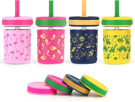 Sursip Toddler Glass Sippy Cups, Kids Baby 12 oz Spill-Proof Water Tumbler with Straw and Lids, Smoothie Snack Mason Jar For Travel School or At Home, 4 Packs