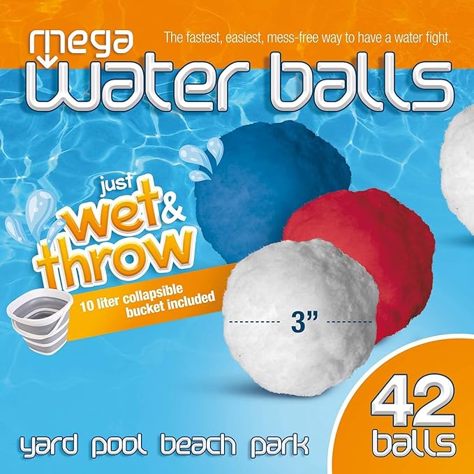 Mega Water Balls Instant Water Fight Kit - 42 Reusable Water Balloon XL 3" Splash Soaker Bombs w/Collapsing 10L Bucket & Mesh Bag | Outdoor Water Toys Game Activity for Summer Yard, Pool, Lawn, Beach