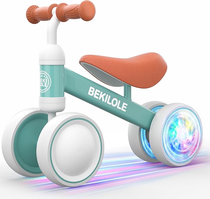 BEKILOLE Light Up Wheel Baby Balance Bike | 1 Year Old Boy Gifts & First Birthday Toy | Ride On Push Bike for One Year Old Boy Birthday Gifts Toddler Walker, Green & Brown