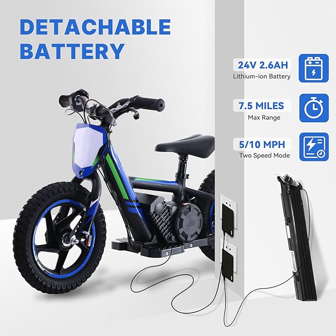 Lightweight Electric Dirt Bike for Kids,170W Racing Motorcycle for Ages 3-6, Detachable Battery, Adjustable Seat, Safe Speeds Up to 10 MPH, Mini Motocross Bike 12" Off Road Tires, Blue