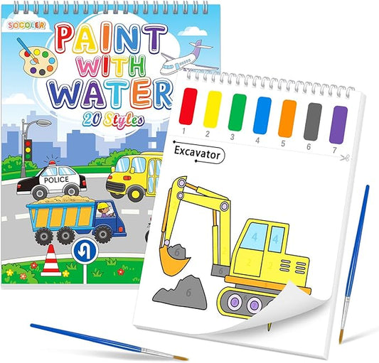 Paint with Water Coloring Books for Toddlers, Traffic Theme Mess Free Watercolor Painting Papers for Kids Water Color Paint Kit Art Craft Birthday Gift for Ages 1-3, 4-8