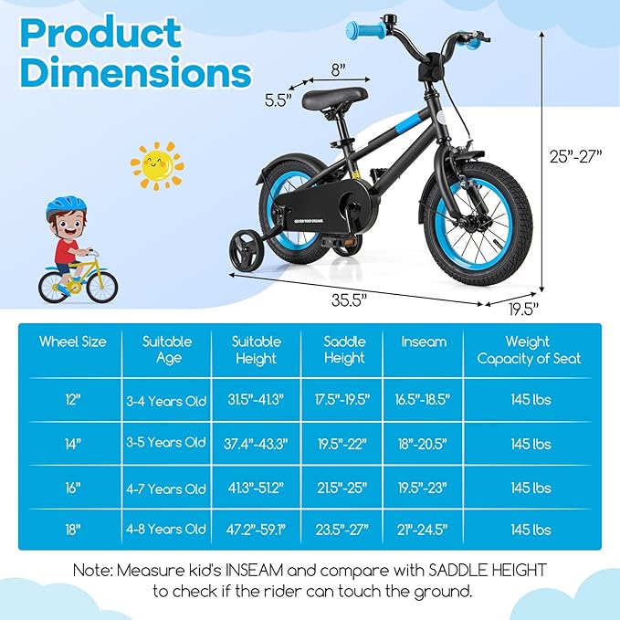 BABY JOY Colorful Macarons Kids Bike, 12 14 16 18 Inch Sporty Children's Bicycle with Training Wheels, Adjustable Handlebar & Saddle, Handbrake & Coaster Brake, Boys Girls Bike for 3-8 Years Old