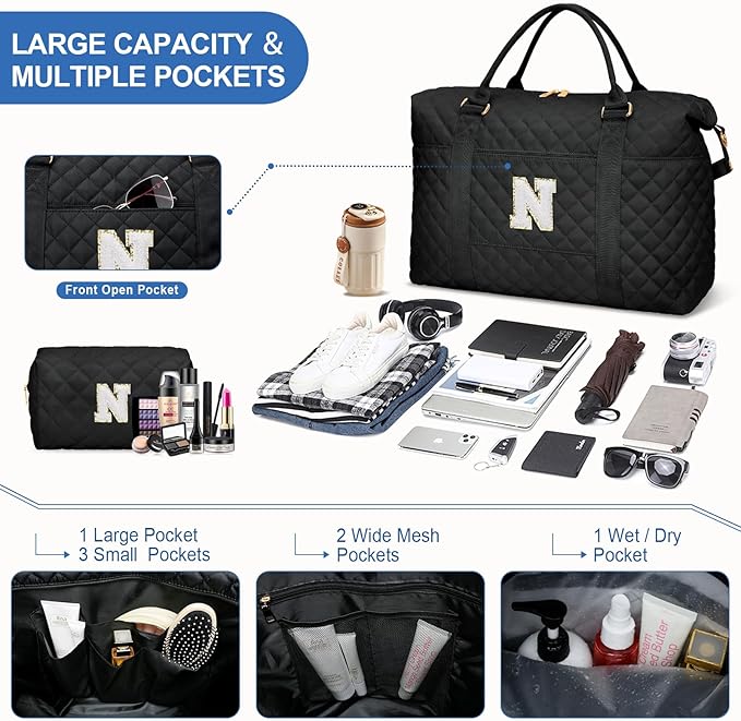Gifts for Teen Girl, Initial Travel Duffle Bag, Personalized Women Weekender Overnight Bags, Gift for Daughter Kid Girl Wife Friend（Black,N)