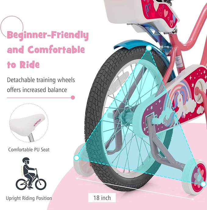 BABY JOY Kids Bike, 12 14 16 18 Inch Children Bicycle w/Detachable Training Wheels, Storage Basket, Adjustable Seat & Handlebar, Bow or Streamer, Girls Bike for 3-8 Years Old