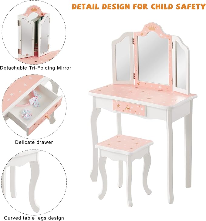 Kids Vanity Table and Chair Set, Girls Vanity Set with Stool, Tri-Folding Mirror, Makeup Dressing Princess Table with Drawer for Little Girls (Pink)