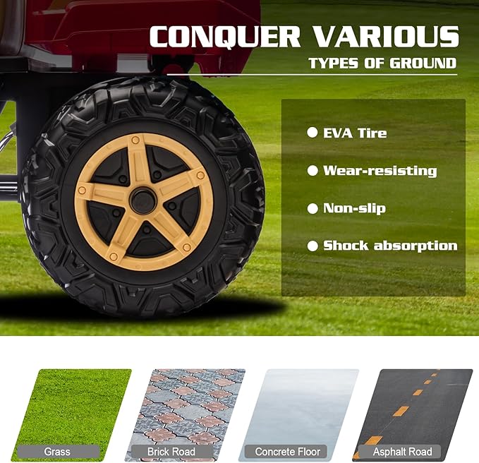 POSTACK 24V 2 Seats Side by Side Ride On Dump Truck 4x4 Kids UTV for Toddlers Ride On Toy Car with Remote Control Electric Car with Rubber-Plastic Polymerized EVA Tire, Electric Dump Bed, Music, Red