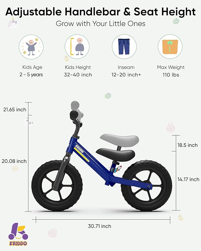 KRIDDO Toddler Balance Bike 2 Year Old, Kids Balance Bike for 2-5 Years Old, Dual Bearing for Smoother Riding, Adorable Plate, Adjustable Seat and Handlebar, Toddler Bike Gifts Age 2-3