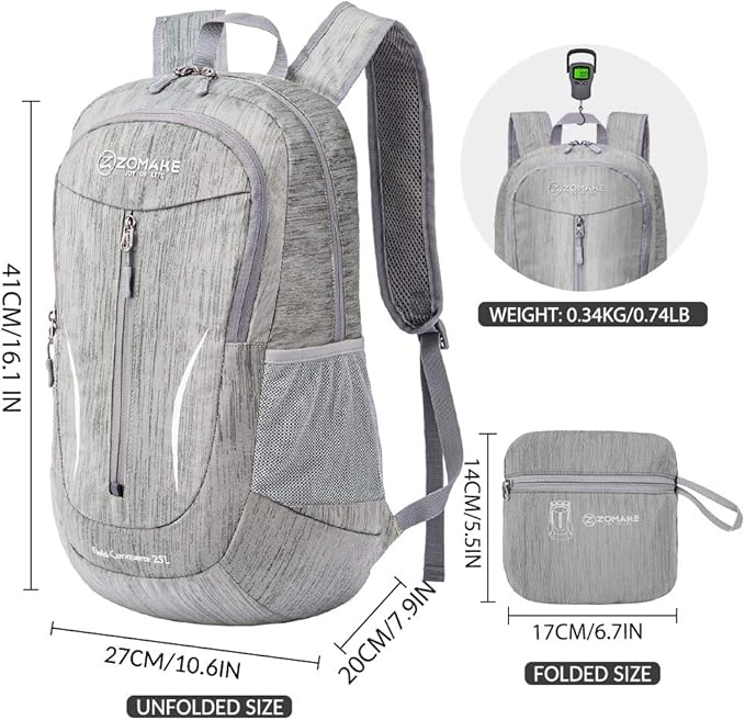 ZOMAKE 25L Ultra Lightweight Packable Backpack, Foldable Hiking Backpacks Water Resistant Small Folding Daypack for Travel(Silver Gray)